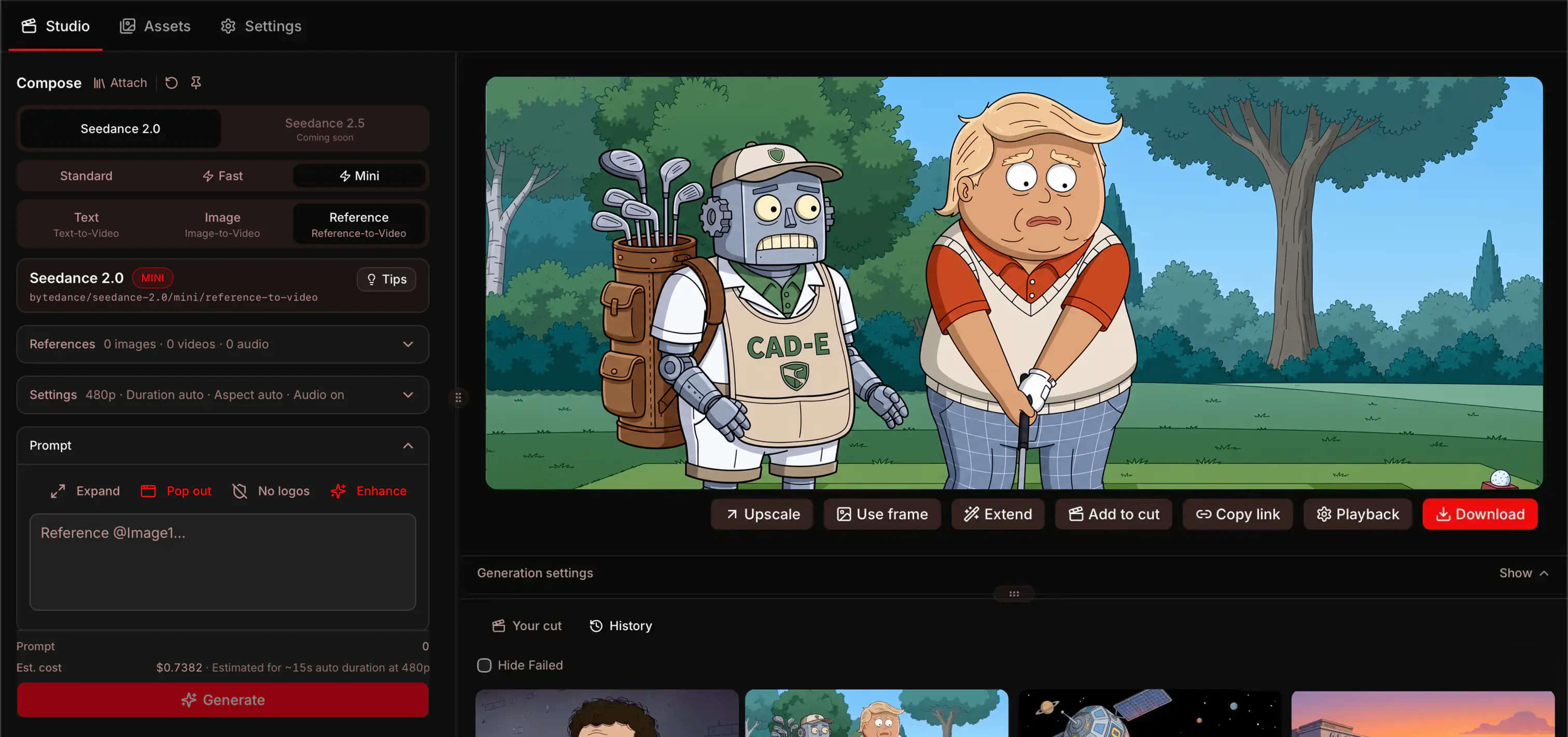 Composing an animated Exit Valley golf course scene in Showrunner Studio, with the generated clip in the preview
