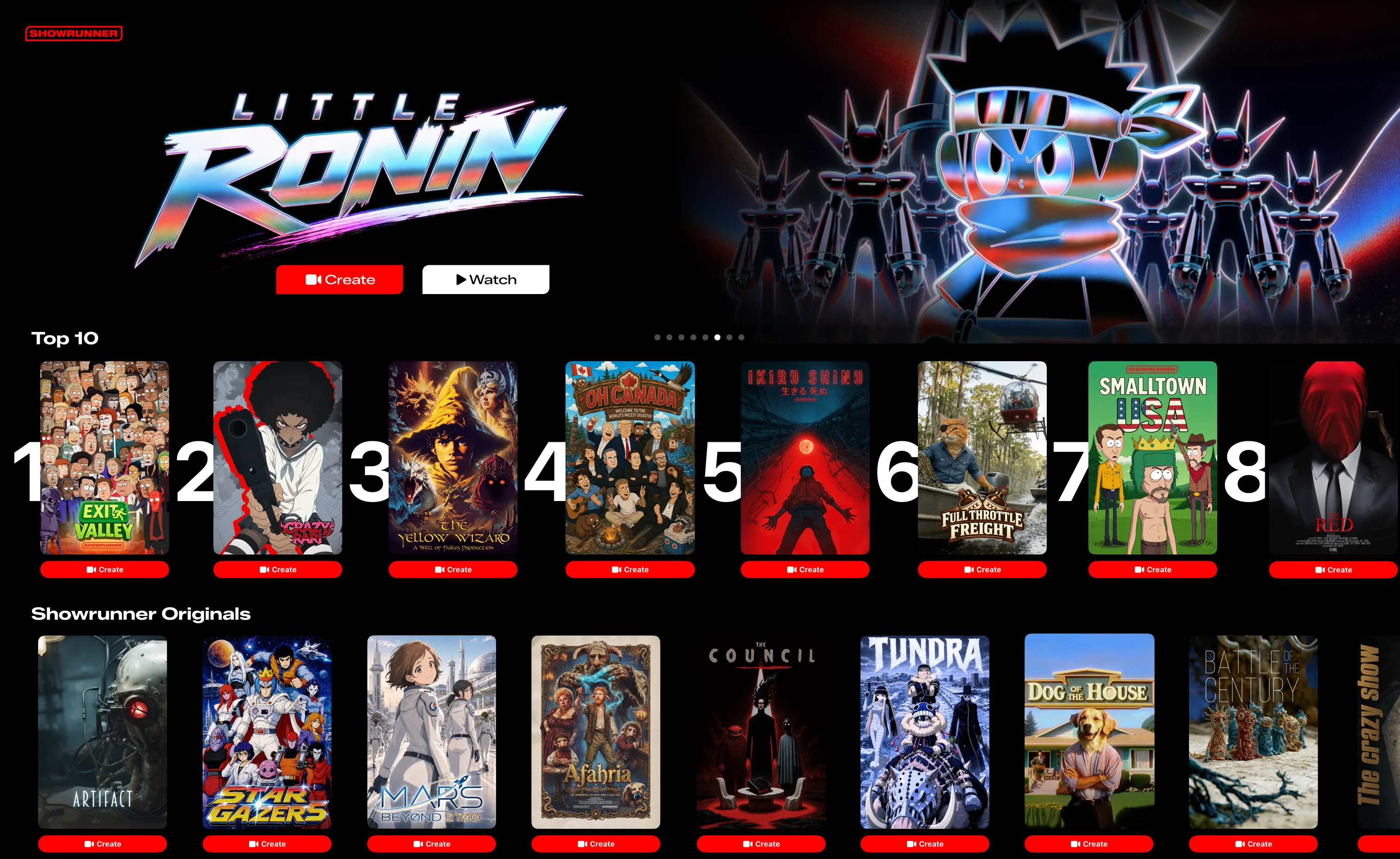 The Showrunner home page, with a featured show above rows of Top 10 and Showrunner Originals titles