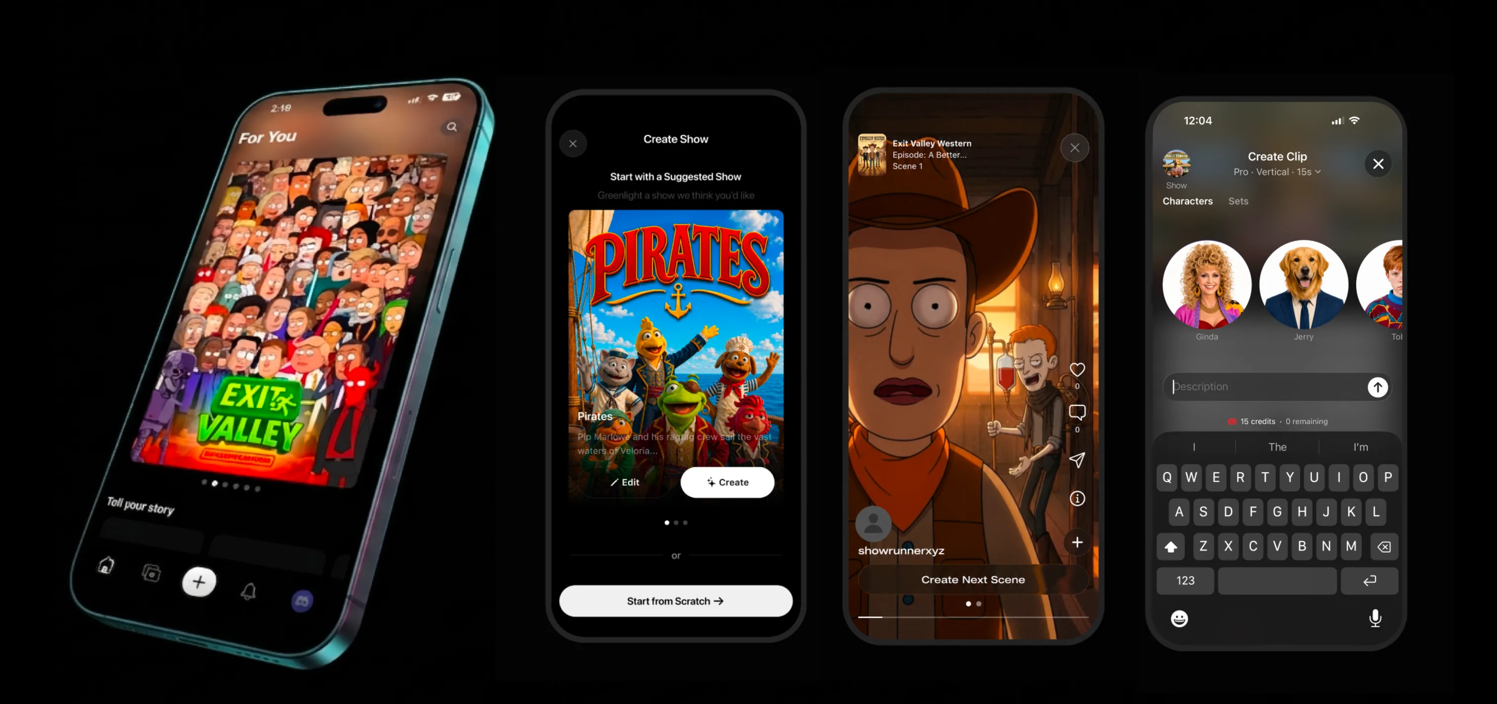 The Showrunner iOS app, showing the For You feed, creating a show, watching an episode, and building a clip