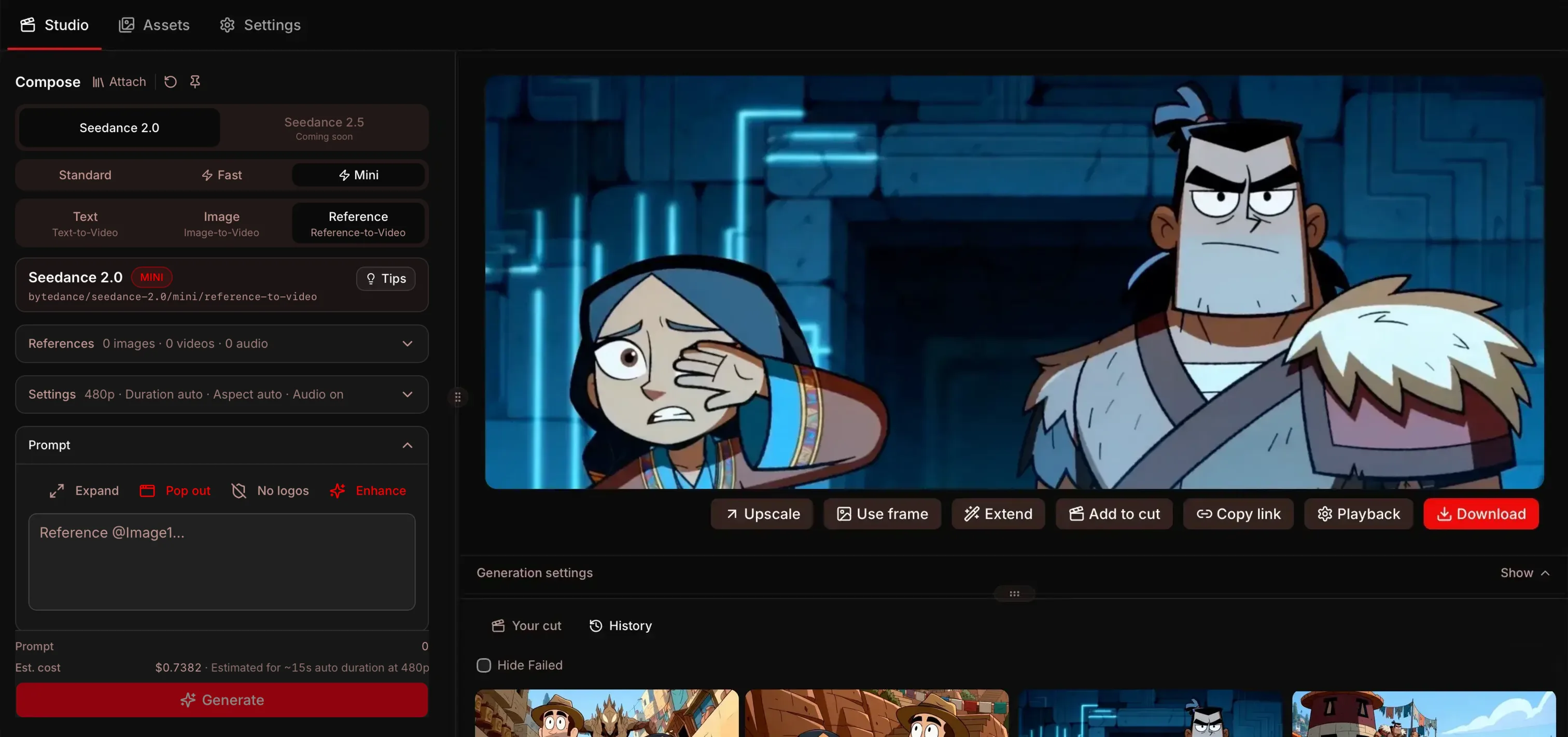 Composing an animated scene in Showrunner Studio, with the generated clip in the preview