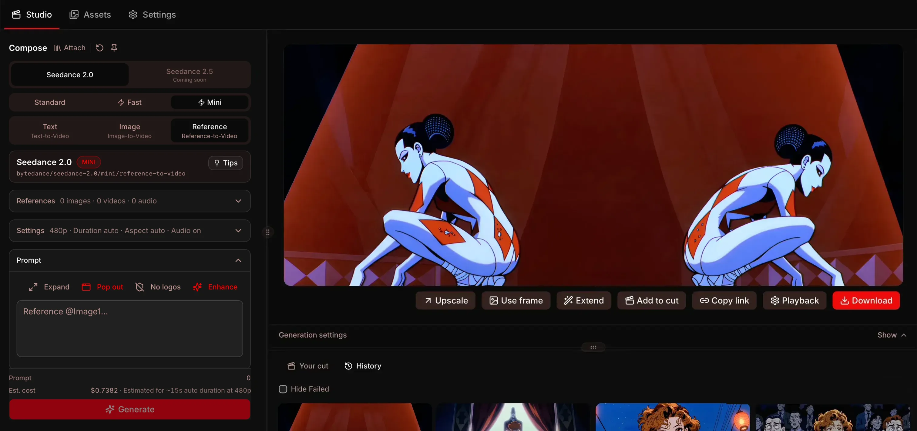 Composing an animated stage scene in Showrunner Studio, with the generated clip in the preview